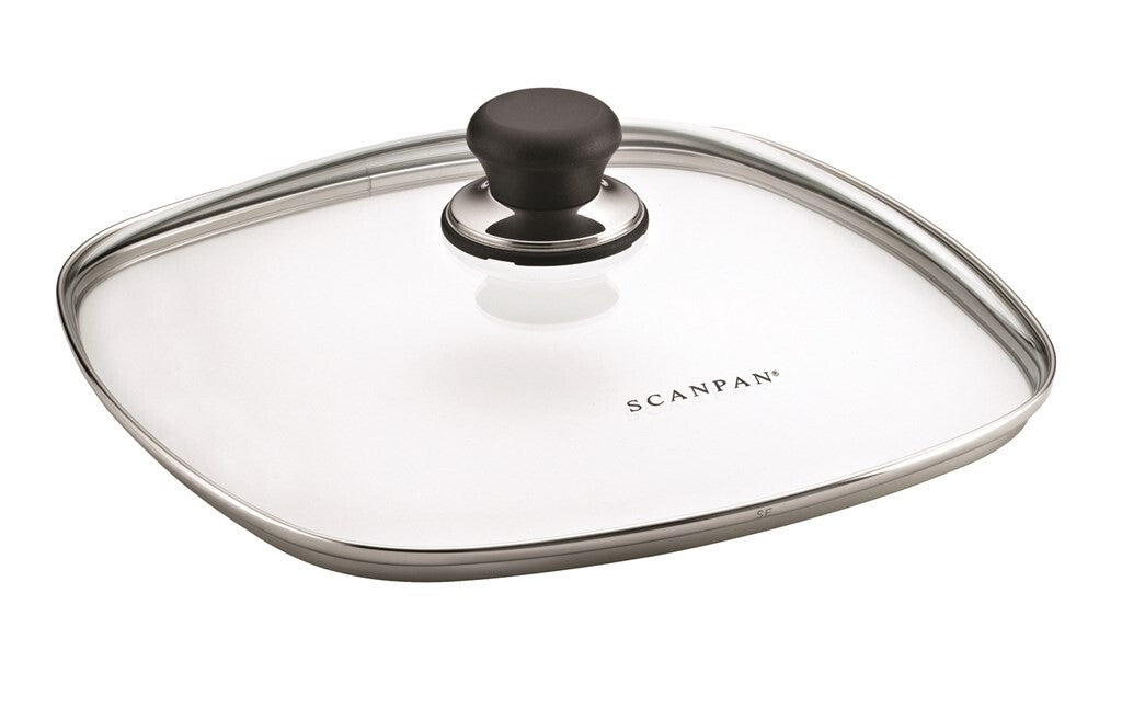 SCANPAN Classic 28 x 28 cm square glass lid viewed at an angle
