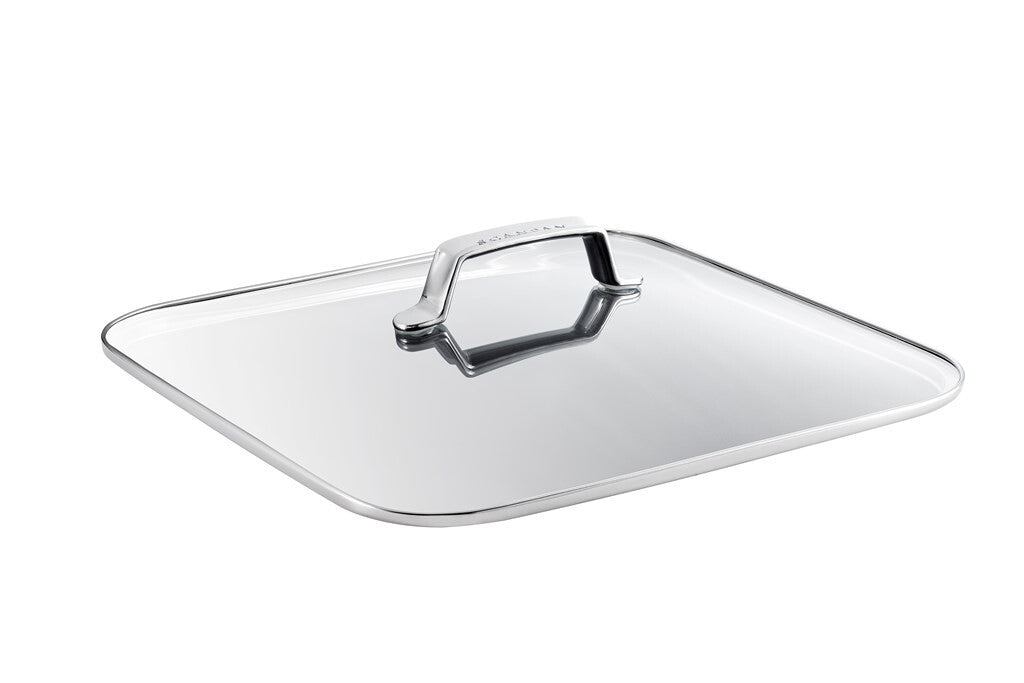 TechnIQ glaslåg til bradepande 33 × 33 cm set skråt forfra på hvid baggrund