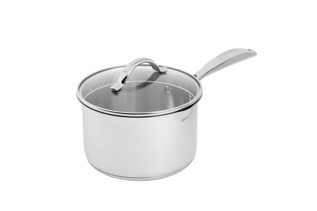 STS saucepan 18 cm in stainless steel, angled front view on a white background