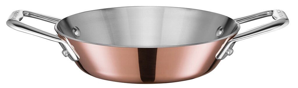 SCANPAN Maitre D' 16 cm mini copper paella pan viewed from the side