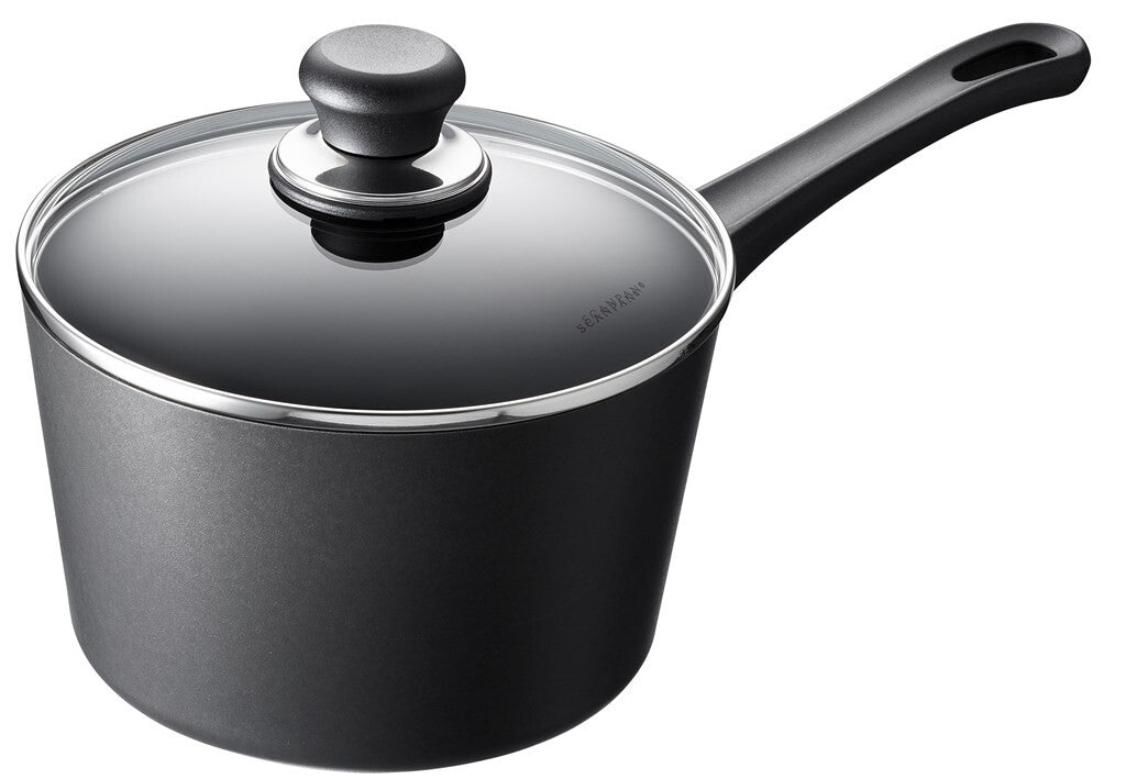 SCANPAN Classic 20 cm saucepan with glass lid viewed at an angle
