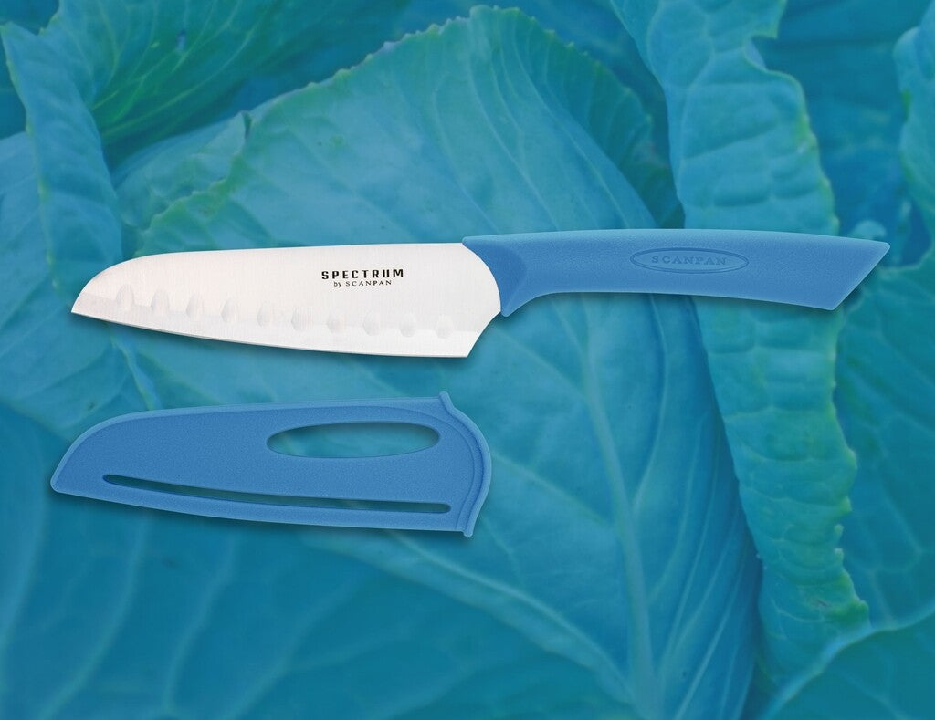 Spectrum santoku knife in Silver Lake Blue on a white background