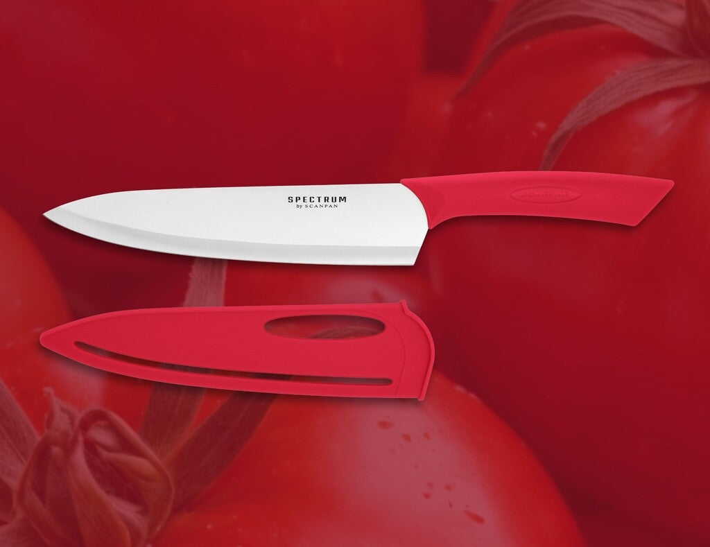 Spectrum chef's knife in Red on a white background