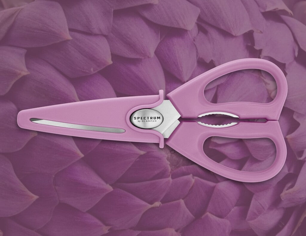 Spectrum kitchen scissors in Dusty Lavender shown in use