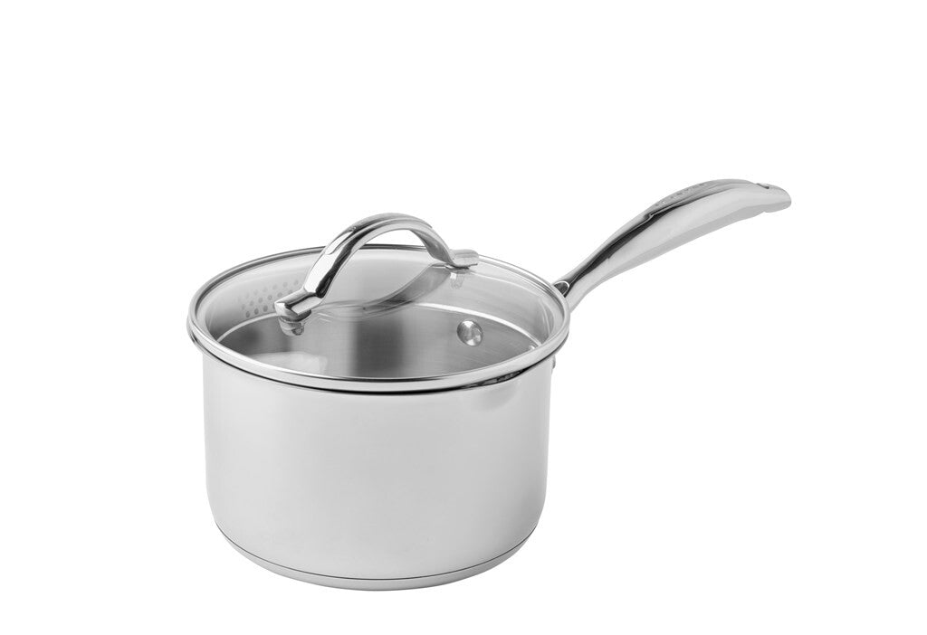 STS saucepan 16 cm in stainless steel, angled front view on a white background